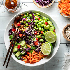 A close up look into a fresh homemade sunflower crunch edamame salad.