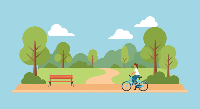 A peaceful park scene depicts a bicyclist riding along a path with trees and a bench silhouette high quality professional detailed