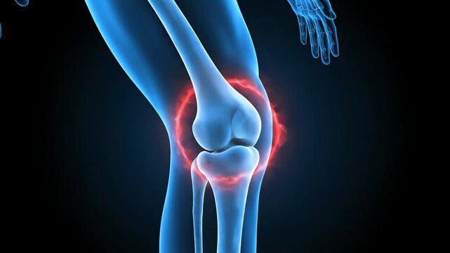 Medical visualization of knee joint pain in human body with glowing highlight