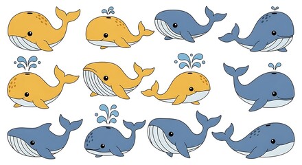 Cute Cartoon Whales Set - Adorable Marine Mammals in Blue and Yellow.