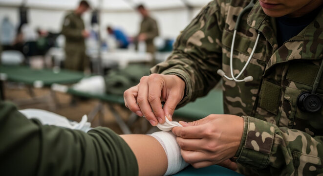 Medic bandaging a wound with practiced skill