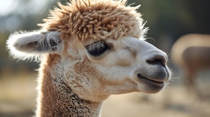 Fototapeta premium Alpaca Portrait in Daylight: A detailed portrait of an alpaca, its soft, fluffy fleece catching the warm light of the sun, conveys an engaging encounter with this gentle animal.