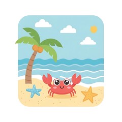 Cute Crab on Beach with Palm Tree Illustration for Kids.