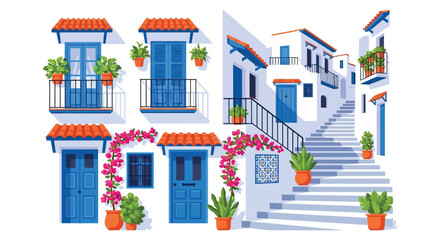 Obraz premium Charming mediterranean houses with blue accents and vibrant flowers create a picturesque scene displayed as a silhouette high quality professional detailed