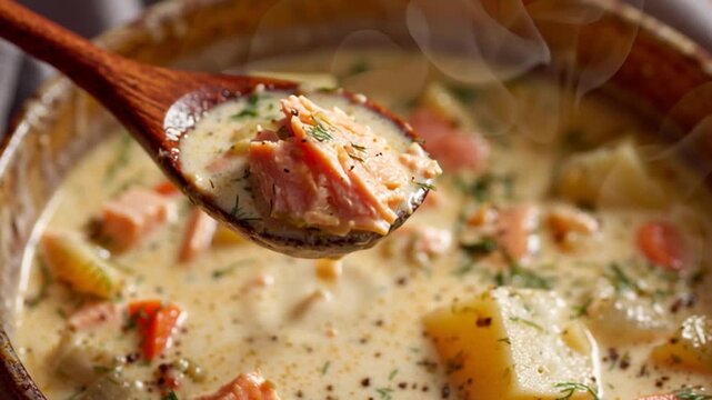 Creamy Salmon Chowder with Vegetables in Rustic Bowl