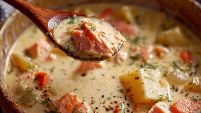 Creamy Salmon Chowder with Vegetables in Rustic Bowl