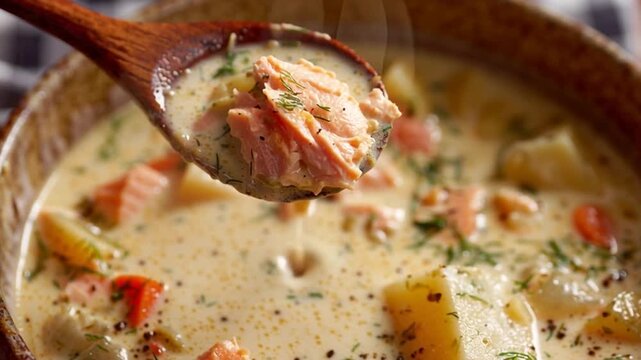Creamy Salmon Chowder with Vegetables in Rustic Bowl
