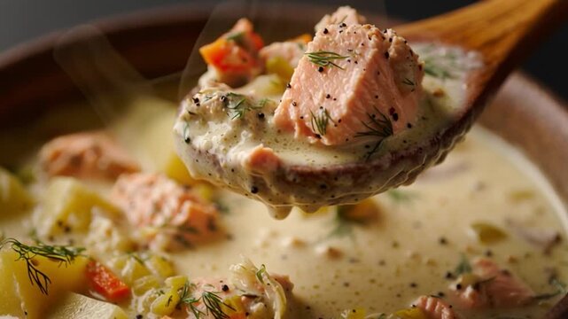 Creamy Salmon Chowder with Vegetables in Rustic Bowl