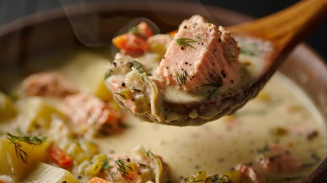Creamy Salmon Chowder with Vegetables in Rustic Bowl