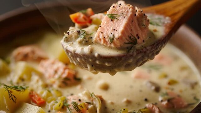 Creamy Salmon Chowder with Vegetables in Rustic Bowl