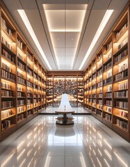 Elegant library hallway with floor-to-ceiling bookshelves and lighting