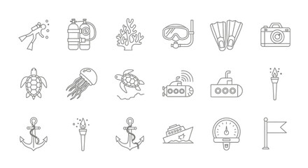 Collection of Simple Line Icons Representing Various Summer and Travel Themes. © Bismillah