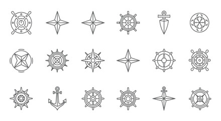 Collection of simple line art compass rose and navigation symbols. © Bismillah