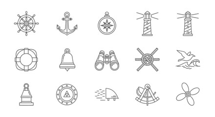 Collection of nautical and outdoor themed icons in simple line art style. © Bismillah