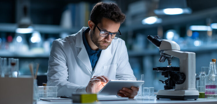 Young male scientist in a white lab coat examining data on a tablet in a modern laboratory setting with scientific equipment and a microscope