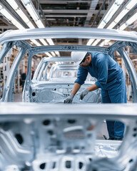 An industrial worker wearing a white hard hat assembles an aluminum vehicle frame on a production line.
