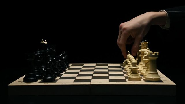 A chess game on a black background. A chess player makes the first move in the game. Close-up of a chess player's hand as they move a pawn and start the match