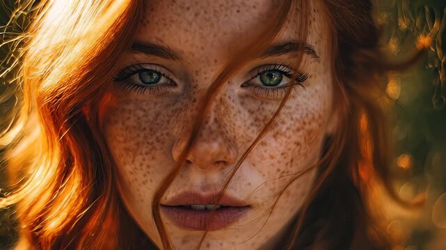 Close-Up Portrait of Young Redhead Woman with Freckles and Green Eyes Looking at Camera with Wind Blowing Hair in Golden Hour Light