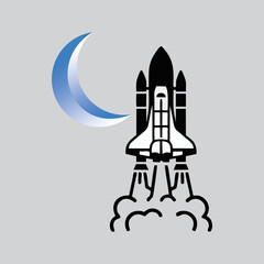 Obraz premium space shuttle rocket with smoke and crescent moon on grey background