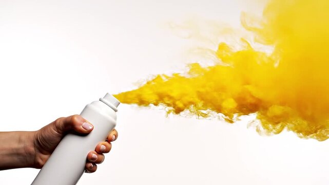 Hand holding a white spray can releasing a large burst of yellow aerosol against a plain white background,Holi,Festival of Colors,4th March