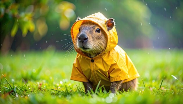 Adorable Capybara in Yellow Raincoat Enjoying a Rainy Day.