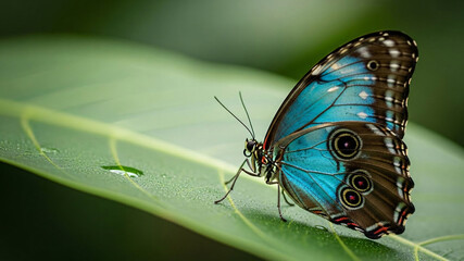 Stunning blue butterfly perched on green leaf in natural habitat