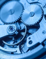 Detailed, close-up view of intricate clockwork mechanism, cool blue hues