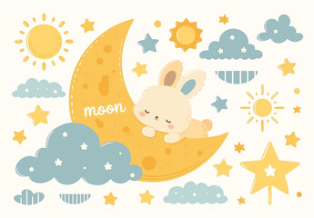 Cute sleeping baby bunny on the crescent moon with stars and clouds illustration