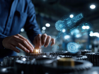 Hands interact with a holographic display showing gears and blueprints in a dark workshop.