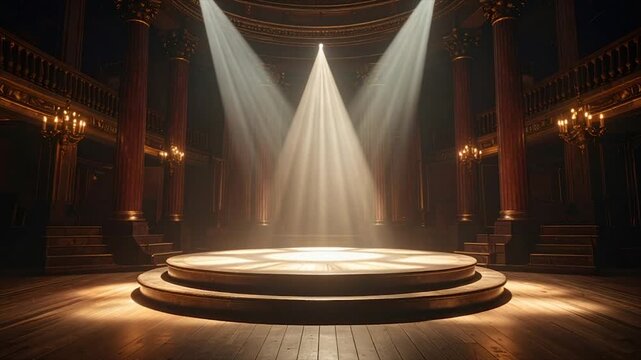 Elegant theater stage illuminated by spotlights with ornate columns and balconies