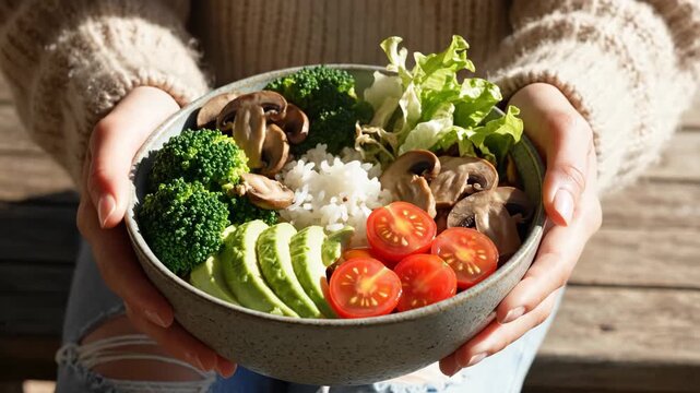 Healthy Buddha Bowl Vegetarian Meal with Fresh Vegetables and Rice