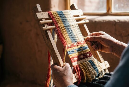 An artisan's weathered hands weaving a colorful, patterned textile on a traditional wooden backstrap loom in a rustic setting.