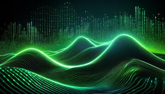 abstract digital waveform of binary code in green neon glow