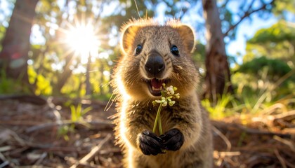 Obraz premium Adorable Quokka Smiling in Natural Habitat with Sunlit Background.