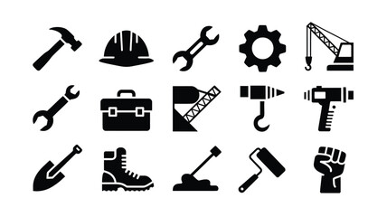 Fototapeta premium Labor day worker tools silhouette logo set including hammer wrench hard hat gear and construction icons on white background for industry and business use