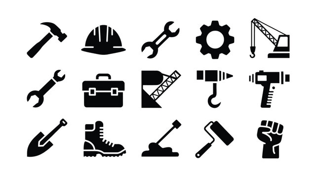 Labor day worker tools silhouette logo set including hammer wrench hard hat gear and construction icons on white background for industry and business use