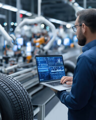 Engineer analyzing data dashboard on laptop beside tire in automated robotic car manufacturing plant.