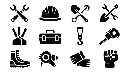 Obraz premium Collection of black silhouette icons representing various labor day worker tools and equipment including wrenches hard hats and safety gear on a white background