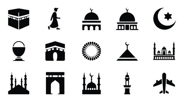 Black silhouette icons of islamic architecture and symbols for hajj and umrah pilgrimages on white background