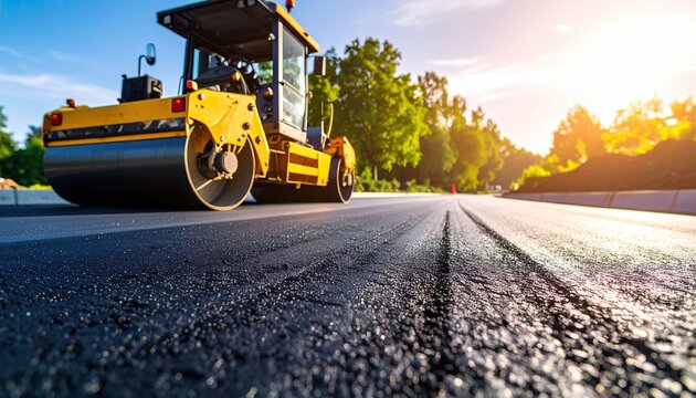 Large road roller compacting freshly laid black asphalt on a new road construction site. Heavy machinery works on infrastructure development under a bright sky.
