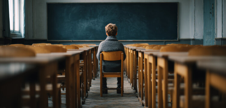 Young boy sitting on a wooden chair facing a dark green chalkboard in an empty classroom, educational setting with natural light