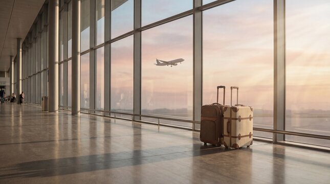 Luggage at modern airport terminal during sunset with plane taking off