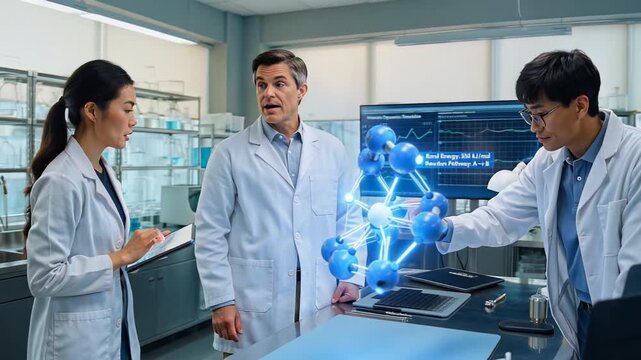 Scientists collaborate in a modern laboratory using advanced holographic technology.