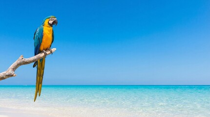 Vibrant blue and yellow macaw perched on beach branch overlooking ocean