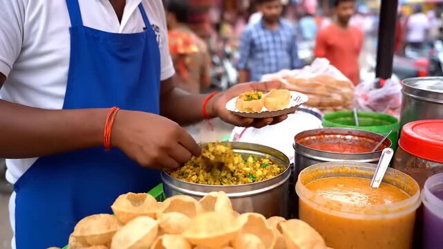 Street vendor preparing Indian snack food, Pani Puri, vibrant colors, food styling, culinary tourism, bokeh, Indian street scene, local food stalls