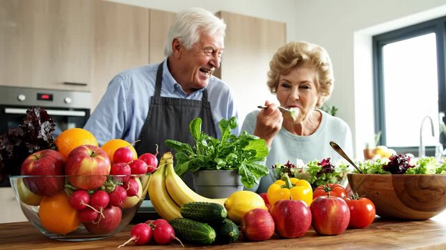 Happy Senior Couple Cooking Healthy Meal in Kitchen, Fruits and Vegetables