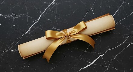 Rolled parchment tied with golden ribbon on a dark marbled surface