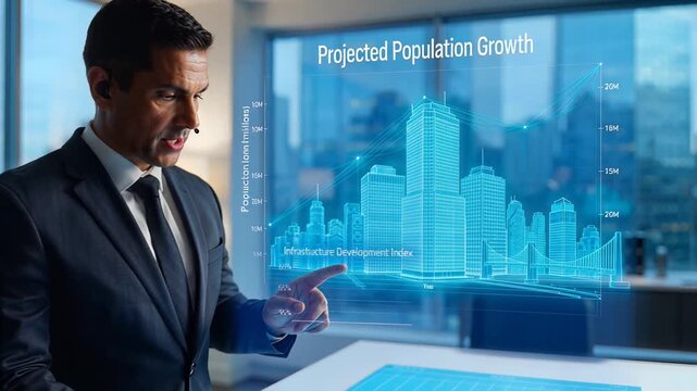 Businessman analyzing projected population growth data on futuristic holographic display.