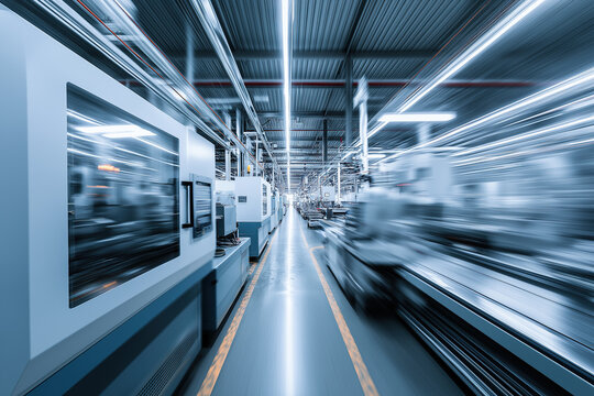 A sleek, brightly illuminated automated factory floor stretches into the distance with dramatic motion blur conveying fast-paced production.