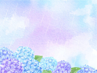 水彩で描いた雨の中の紫陽花の景色